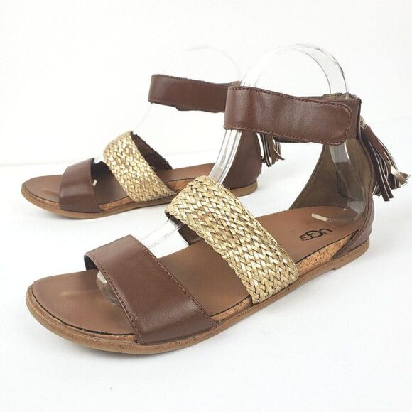 UGG Marabel Metallic Tassel Zip Woven Sandals Girls 5.5 Brown Gold Faux Leather - Picture 1 of 7